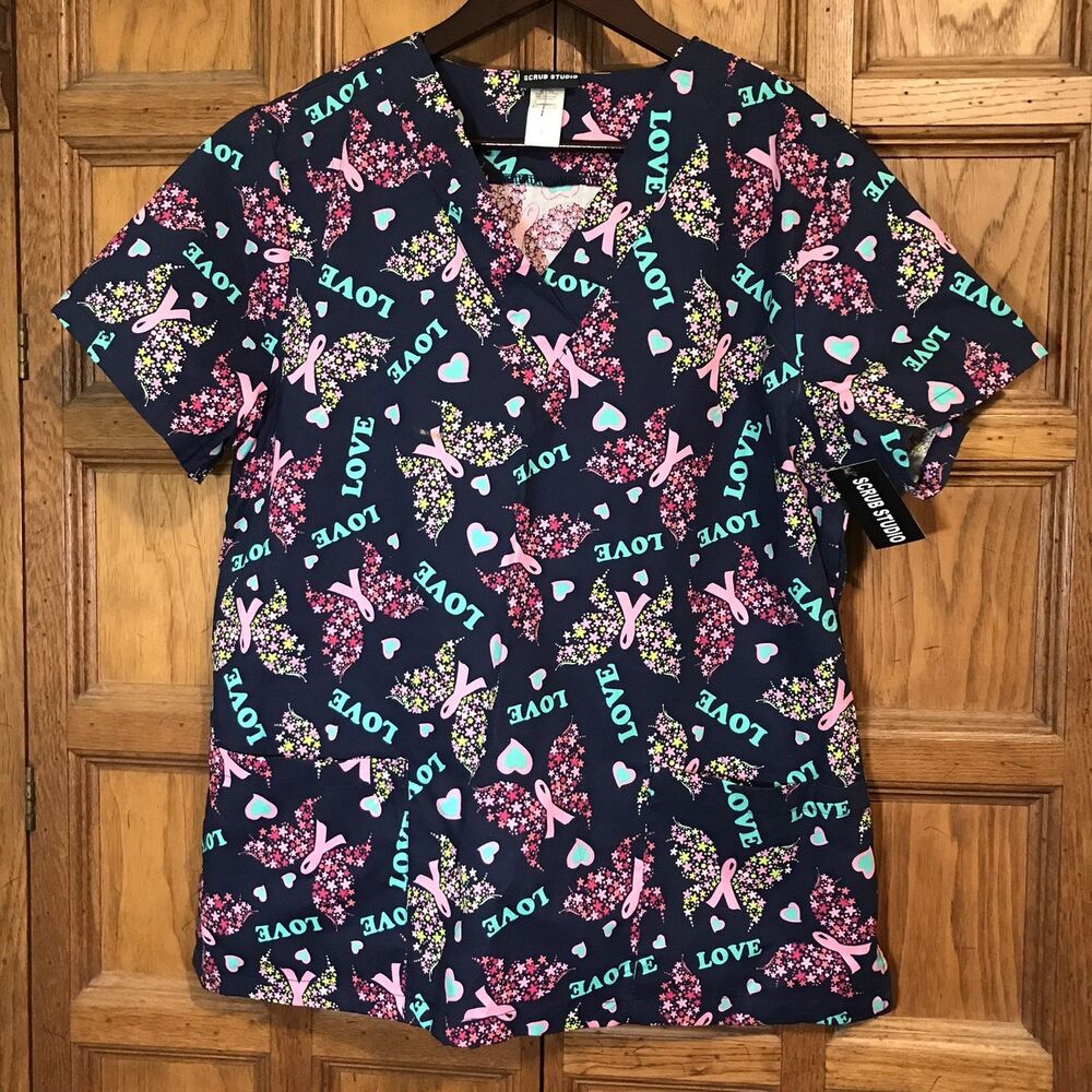 Scrub Studio Top Women's L Navy Butterfly Cotton Poly Pockets V-Neck SS Scrubs